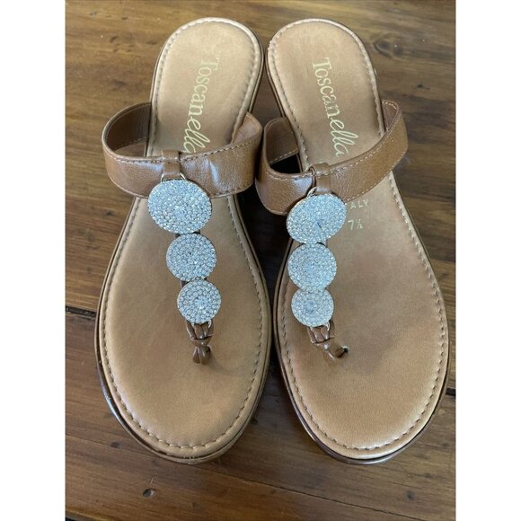 Toscanella Dazzler Crystal Wedge Heel Thong Sandals Cognac Leather. Size 7.5. - Picture 3 of 5